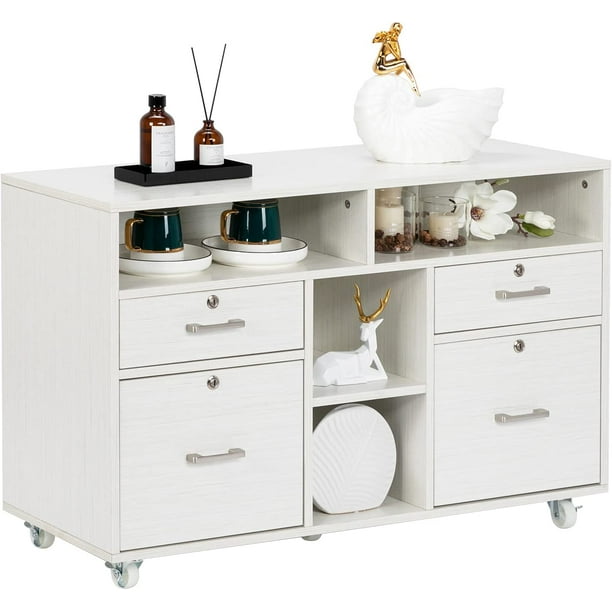 VINGLI Rolling 4Drawer File with Lock and Shelves, Wood