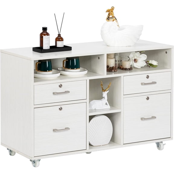 VINGLI Rolling 4-Drawer File Cabinet with Lock and Shelves, Wood Lateral Filling Printer Stand for Home Office, Cream White