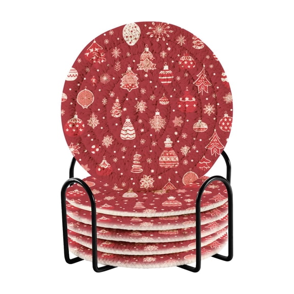 Christmas Decorations Red 6 Pcs Drink Coasters with Holder Absorbent Coasters Woven Coasters for Drinks Table Desk Protection Home Decor