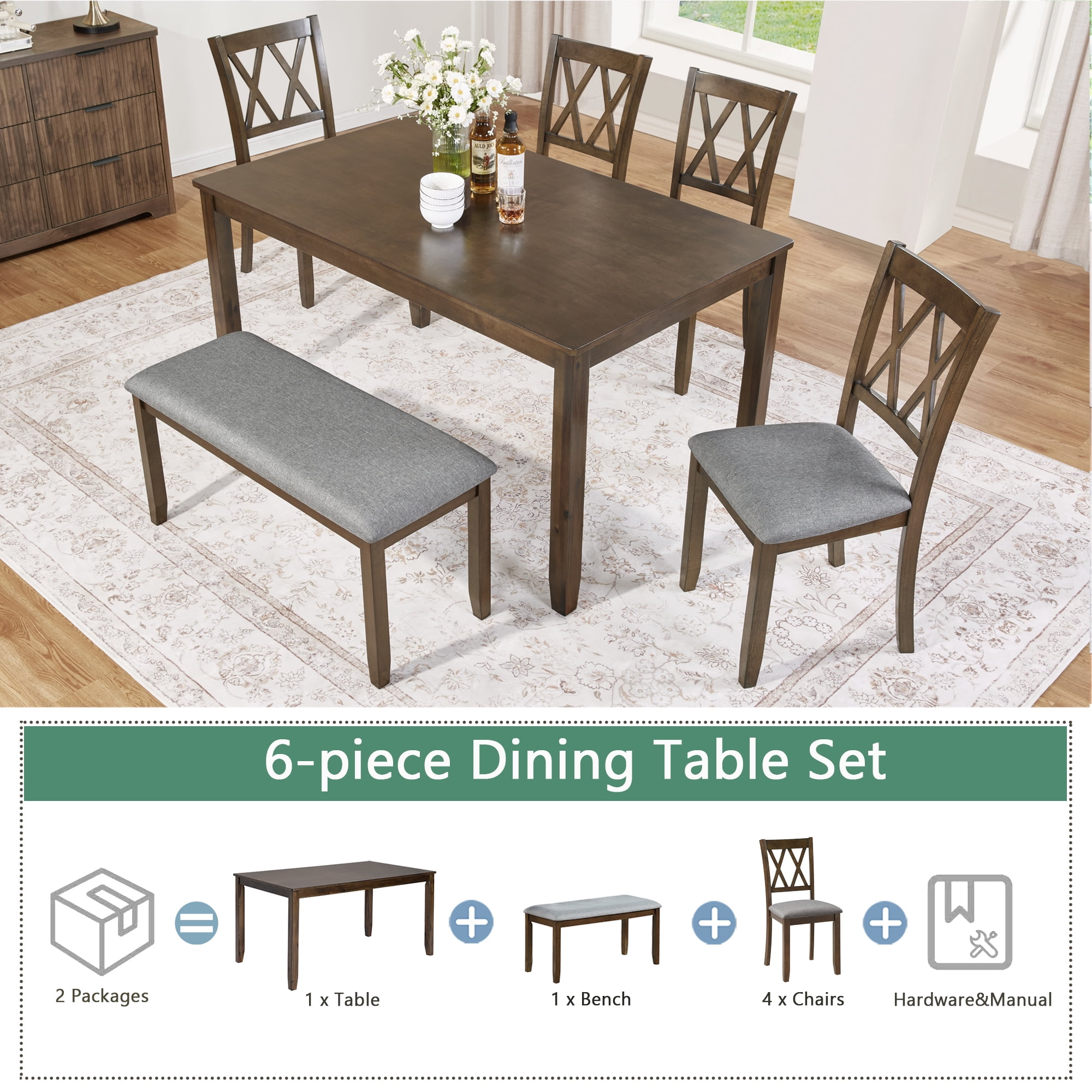BSHTI 58.5" Acacia Wood & MDF 6-Piece Dining Table Set with Vertical X-Back Upholstered Chairs and Bench for Dining Room(Walnut)