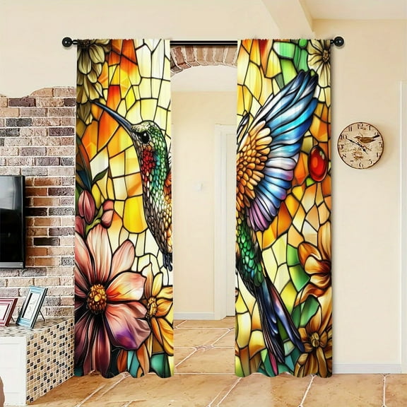 WNOOHIY Stained Glass Hummingbird Floral Print Light-filtering Curtains for Living Room Bedroom Home Decoration, Set of 2 Panels