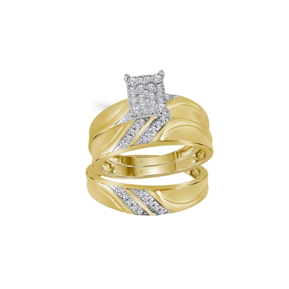 Diamond Princess 10k Yellow Gold Diamond Cluster Matching Trio His Hers Wedding Ring Band Set 1/3 Cttw