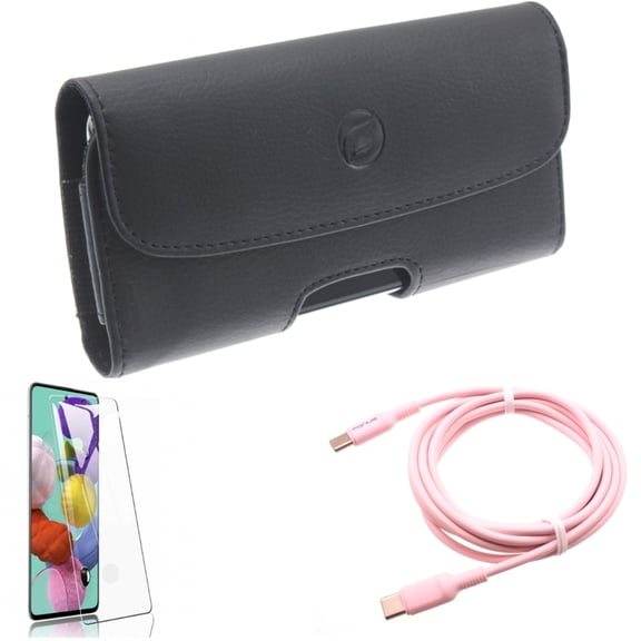 Case Belt Clip w Screen Protector w Pink 10ft Long Cable for Samsung Galaxy S20 - Leather Holster, Tempered Glass [Fingerprint Unlock], USB-C to Type-C PD Fast Y1L fits Samsung Galaxy S20 Model