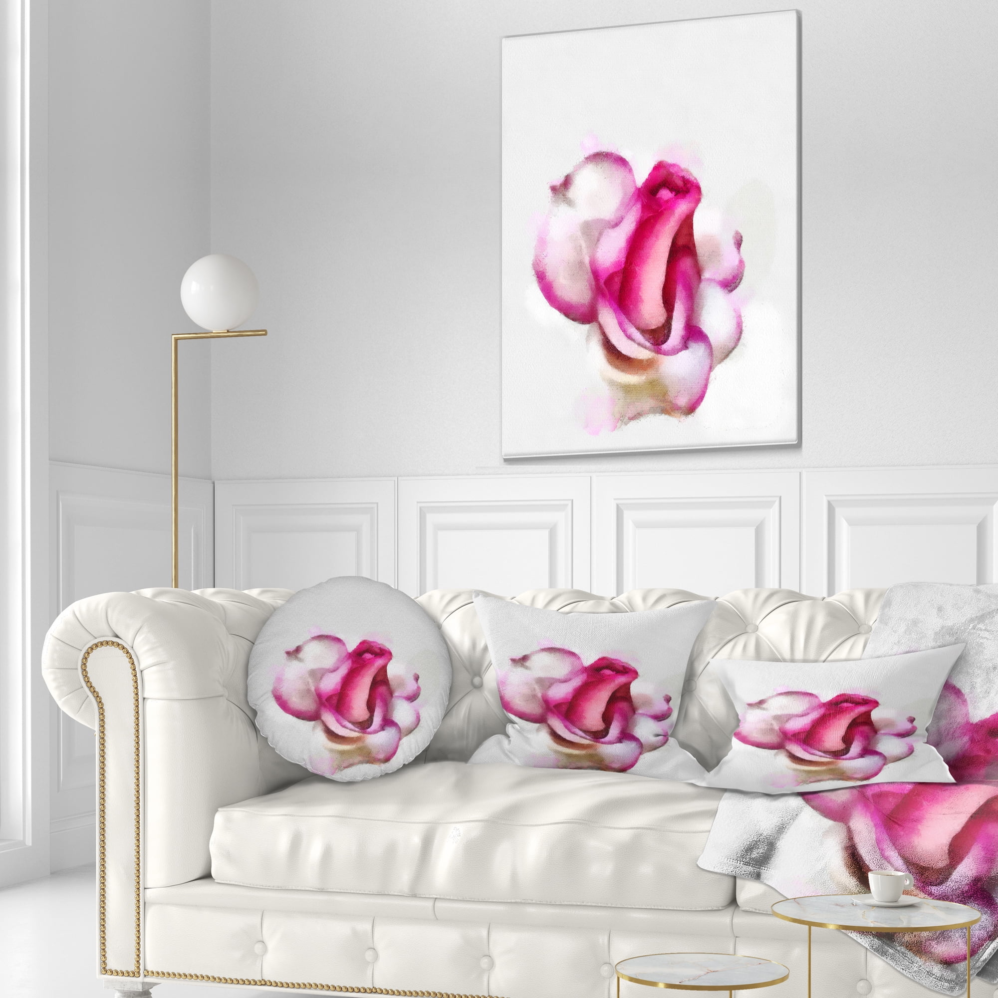 Designart Pink Hand drawn Red Rose on White - Floral Throw Pillow - 12x20