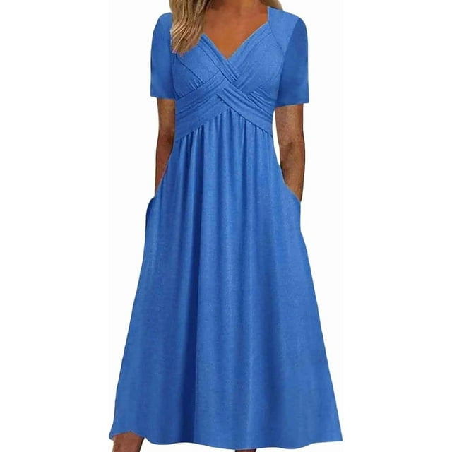 Robes de Printemps pour Femmes Décontractées Manches 3/4 Longue Robe Évasée Basique Plage Vacances Travail Maxi Robe 2025