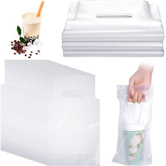 200 Pcs Drink Carriers for Delivery Clear Plastic Bags with Handle for Drink Poly Packaging Bags Take Out Cup Beverage Holder Bar Restaurant Coffee Shop Supplies, 16 x 24 cm Clear