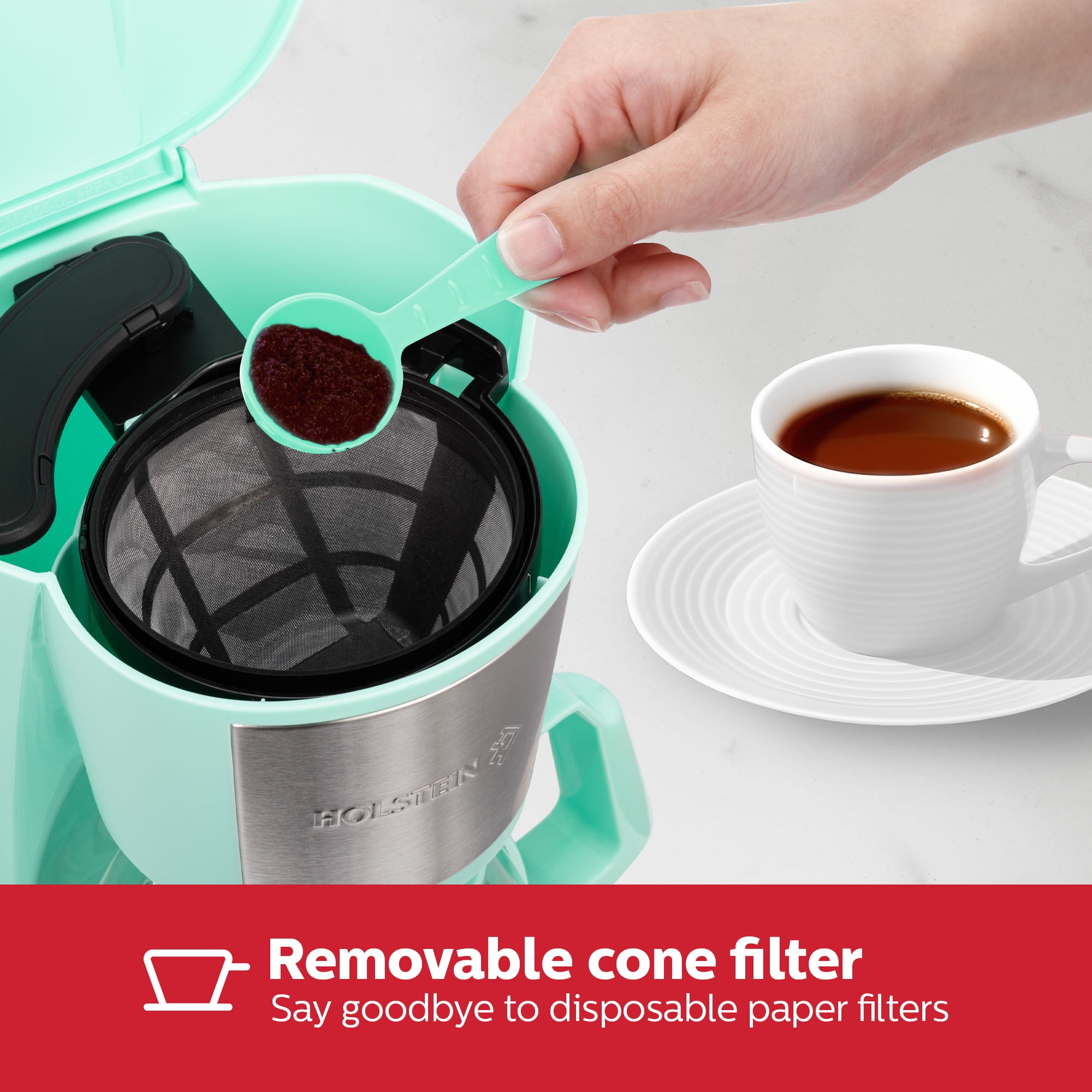 Holstein Housewares 5 Cup Drip Coffee Maker - Mint- Auto Pause and Serve, Removable Filter Basket, and Full View Water Window - Perfect for Brewing Rich-Tasting Coffee at Home