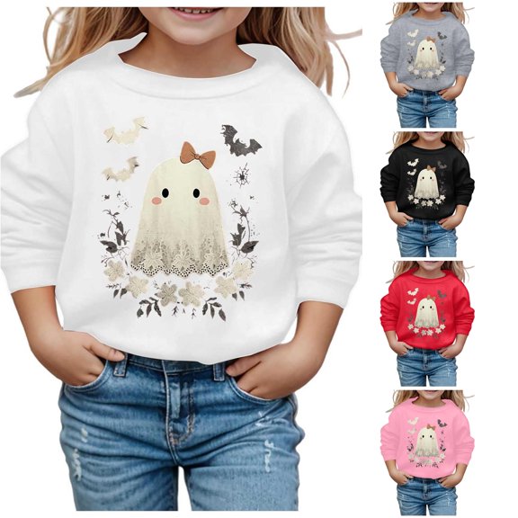 Byoo Toddler Girl's Cute Floral Halloween Printed Sweatshirt Long Sleeve Graphic Sweatshirts Play Daily Pullover,White