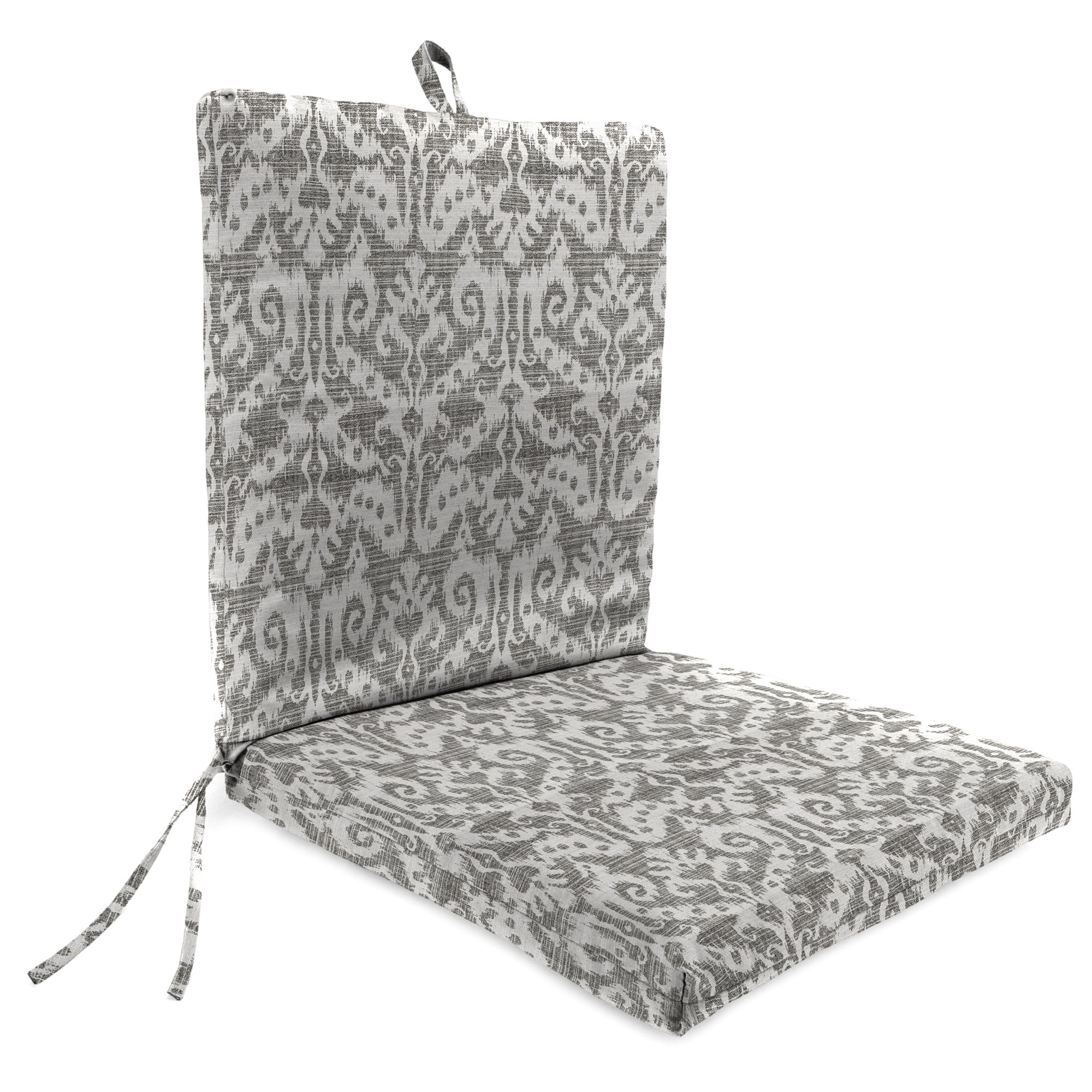 Jordan Manufacturing 44" x 21" Jeness Pewter Gray Damask Rectangular Outdoor Chair Cushion with Ties and Hanger Loop (2 Pack)