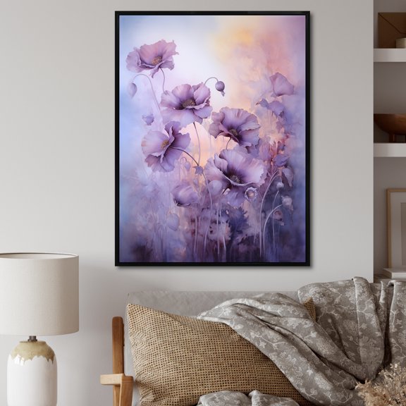 Designart "Delicate Moment With Violet Veiled Poppies I" Poppies Floater Framed Wall Art Living Room
