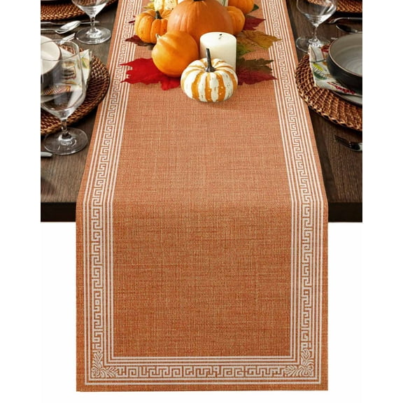 Fall Table Runner Thanksgiving Orange Linen Key Design Table Runners Geometric Back Print Cotton Linen Dresser Scarf Kitchen Dining Table Decor for Fall Holiday Party Decor 13x72 Inch
