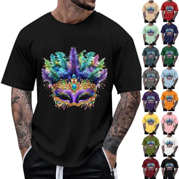 WAENQINLA Mardi Gras T-Shirts Men Short Sleeve Crew Neck Casual Tee Shirt Carnival Themed Print Loose Fit Holiday Party Shirts Khaki T Shirts,Size S-2XL