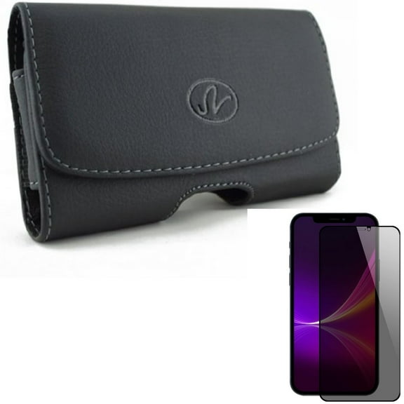 Case Belt Clip & Privacy Screen Protector for iPhone 13 Pro Max - Combo with Leather Swivel Holster Loops & Tempered Glass Curved Anti-Spy Anti-Peep