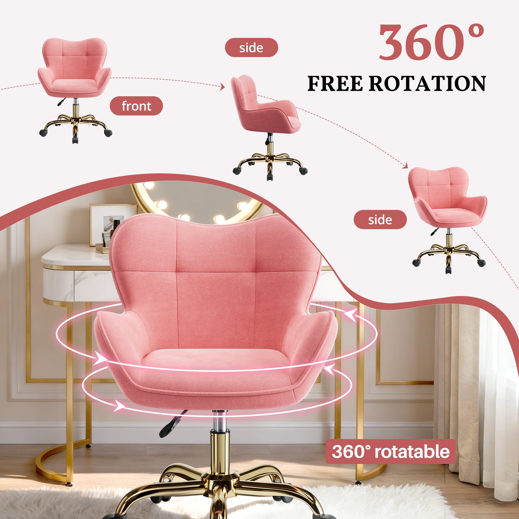Primy Vanity Chair with Wheels, Home Office Chair Cute Makeup Desk Chairs Adjustable Height for Bedroom, Modern Accent Chair with Back