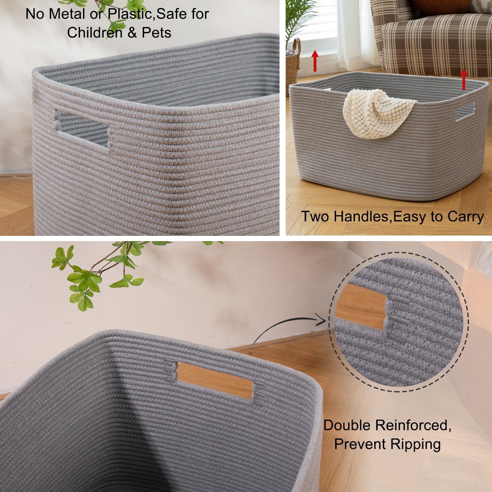 CHERISHGARD 70L Large Laundry Basket, Rectangle Cotton Rope Storage Baskets, Cotton Rope Basket with Handles