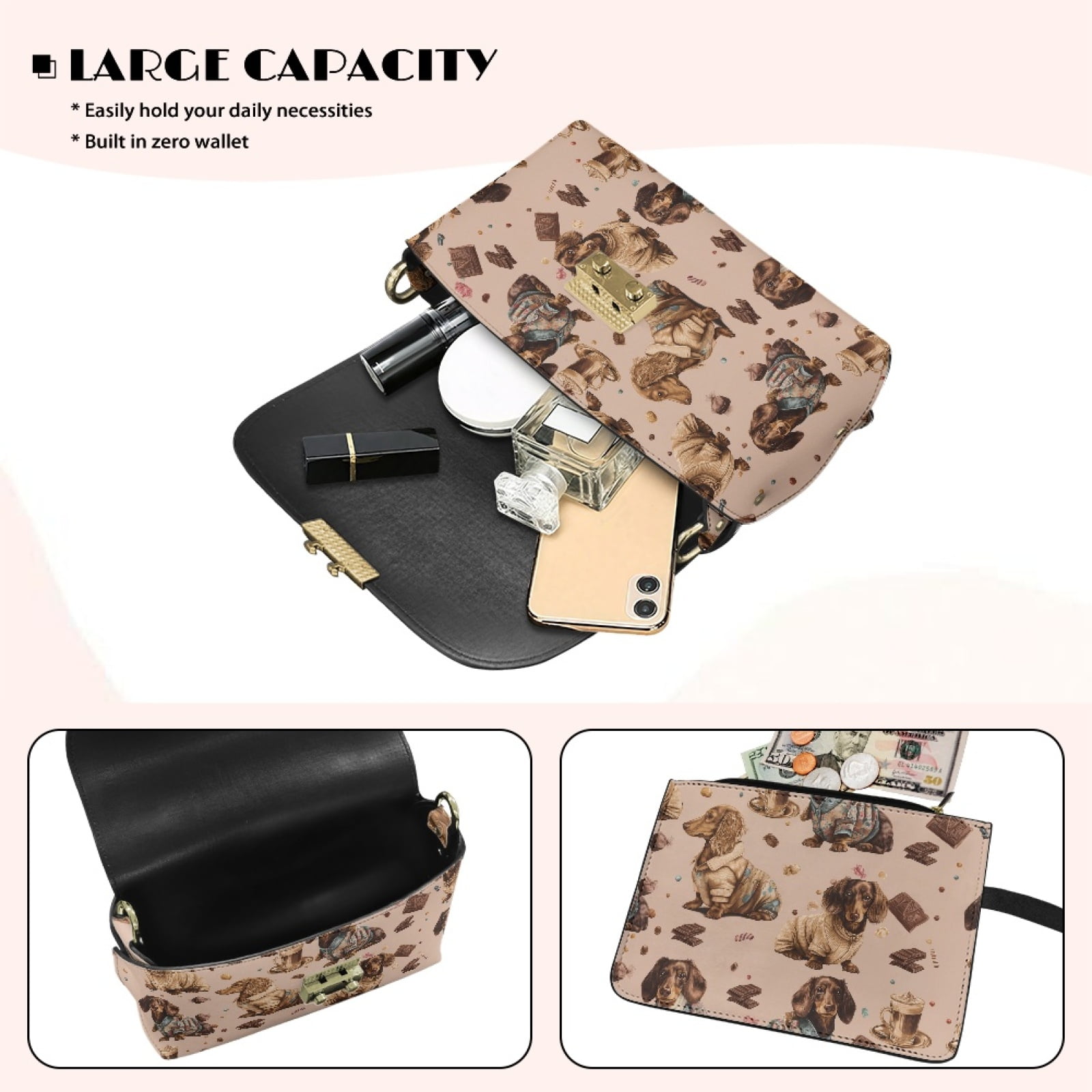 SCRAWLGOD Dachshund Chocolate Print Light Brown Crossbody Bags for Women, PU Leather Cell Phone Purse, Cross Body Handbags Shoulder Bag with Detachable Strap