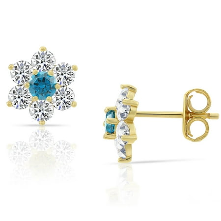 Tilo Sterling Silver Yellow-tone Flower Stud Earrings Pushback, Simulated Birthstone Blue Topaz (December), 10mm