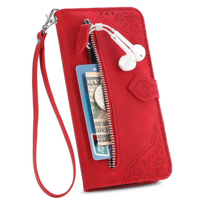 iPhone 15 Plus Luxury Leather Zipper Wallet Case with Wrist Strap and 7  Card Slots Red