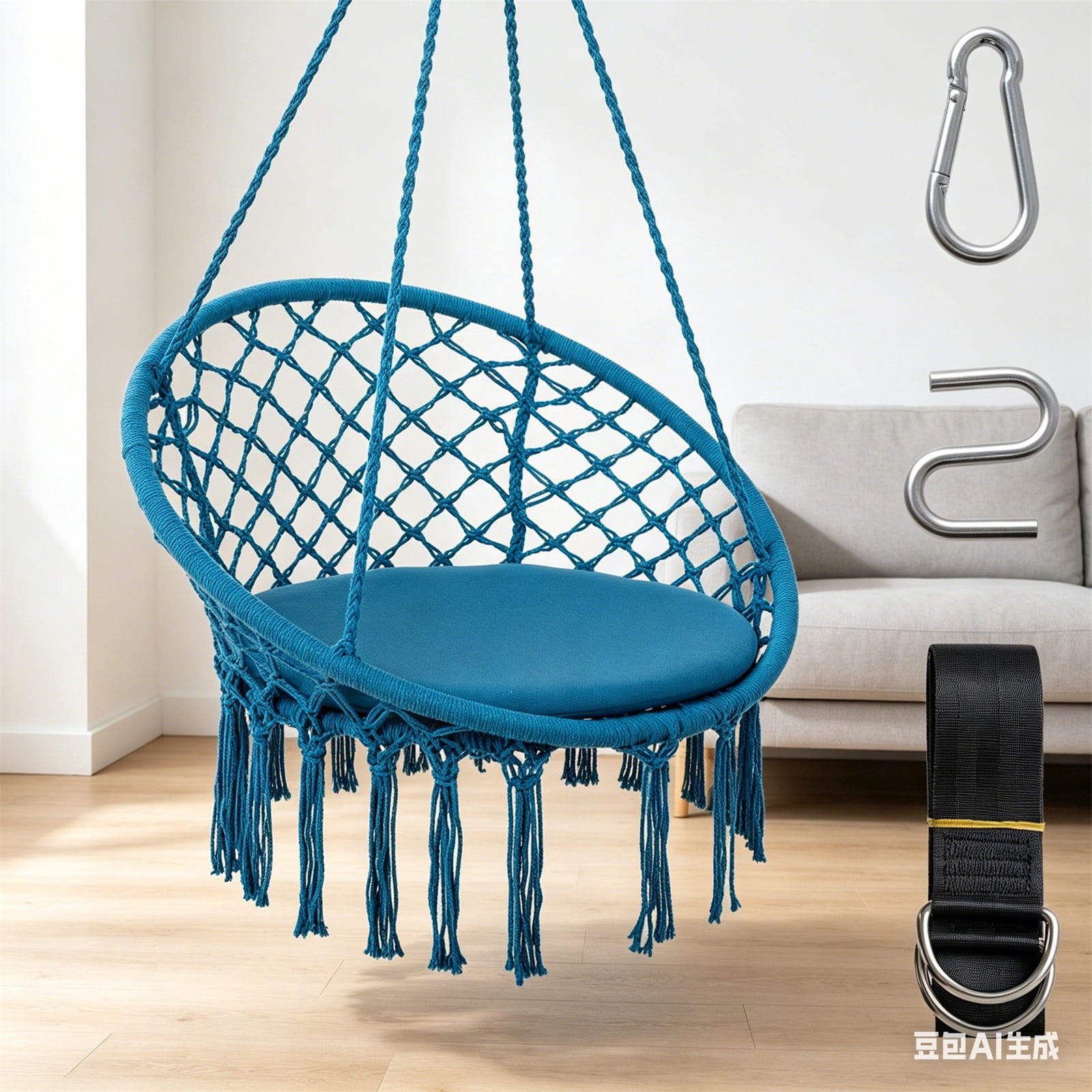 Hommoo Macrame Swing Chair Hammock Chair with Round Cushion Seat, Handmade Knitted Relax Hanging Cotton Rope Chair for Home, Blue