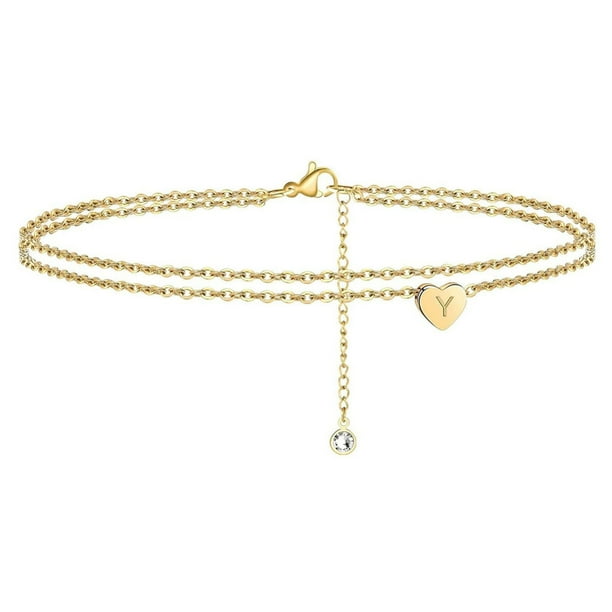 Pulseras para mujer, regalos para mujer 2022, nuevas pulseras de playa con inicial de corazón para mujer, delicada tobillera en capas bañada en oro de 14 quilates, pulseras de corazón con inicial de l