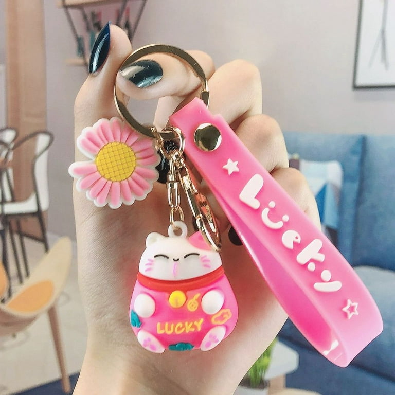 Korean Cartoon Key Holder Lucky Cat Cartoon Kids Red Daisy Animal Bag Pendant Decoration Chinese Style Key Ring Car Key Accessories Maneki Neko Key