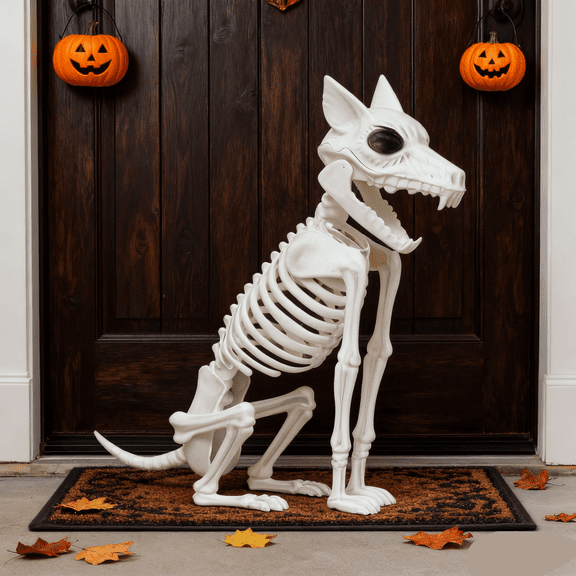 QLUEWX Dog Halloween Skeleton Decorations, Posable Realistic Skeleton Prop, Spooky Hanging Tabletop Skeleton for Haunted House Yard Porch Tiered Tray Indoor Outdoor Halloween Party Decor Gifts