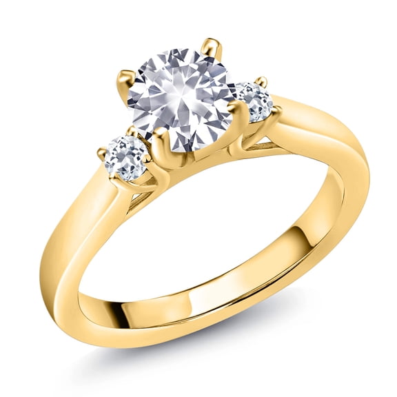 Gem Stone King 18K Yellow Gold Plated Silver White Created Sapphire and White Topaz 3-Stone Engagement Ring for Women (1.48 Cttw, Round 6MM, Gemstone September Birthstone, Size 6)