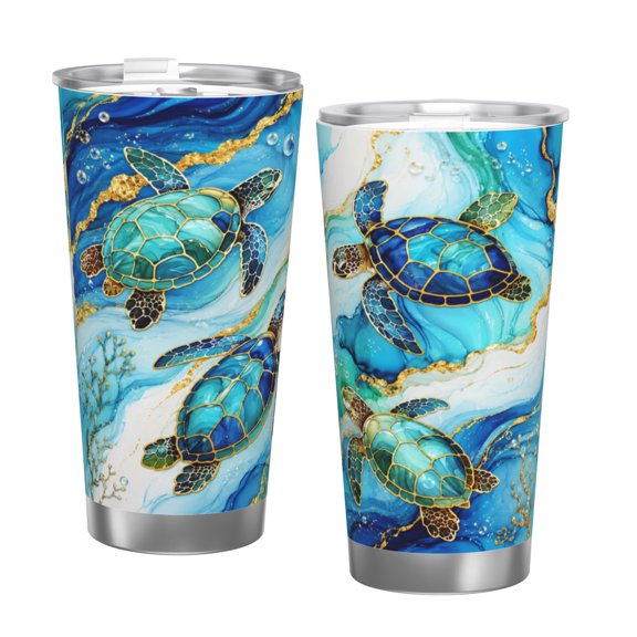 20oz Luxury Sea Turtle Tumbler with Handle and Straw Stainless Steel Insulated Travel Coffee Cup Ocean Lover Gift with Single Silver Rim