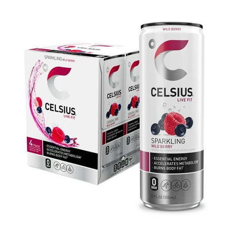 CELSIUS Sparkling Wild Berry, Functional Energy Drink 12 fl oz (Pack of 4)