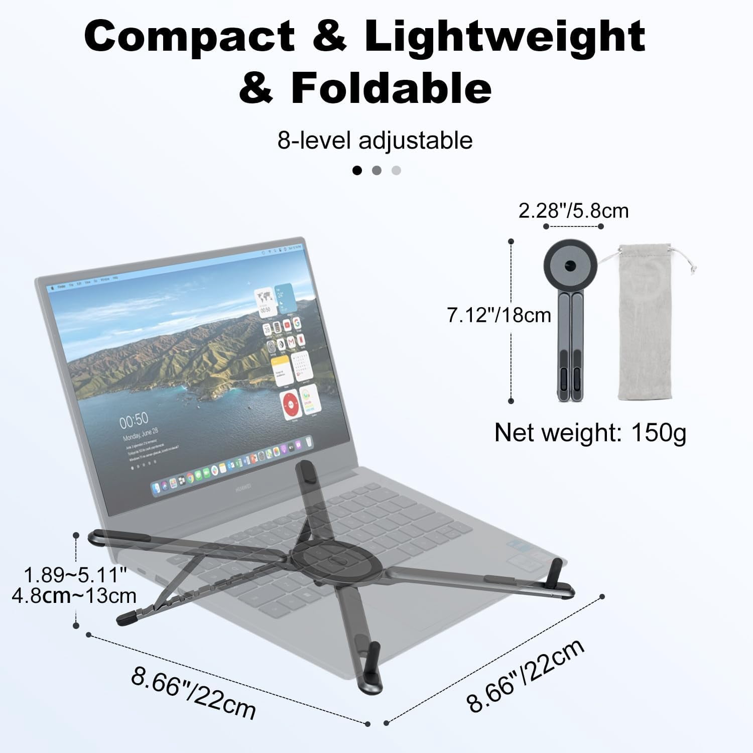 Adjustable Laptop Stand for Desk & Travel - Magnetic Phone Holder Tripod for MagSafe iPhone, Aluminum Foldable Portable Computer Stand Compatible with 10–16" Laptops and 4–13" Phones/Tablets