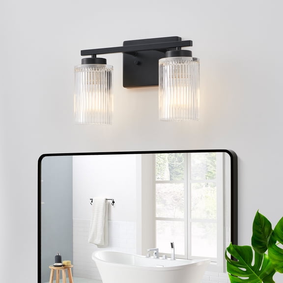 Kyrid 2-Light Painted Black Vanity Light with Clear Ribbed Glass Shade