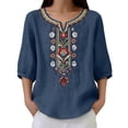 thumbnail image 7 of Womens Summer Linen Tops Casual 3/4 Sleeve Split Neck Shirts Loose Boho Embroidered Womens Vacation Beach Blouses S-3XL, 7 of 7