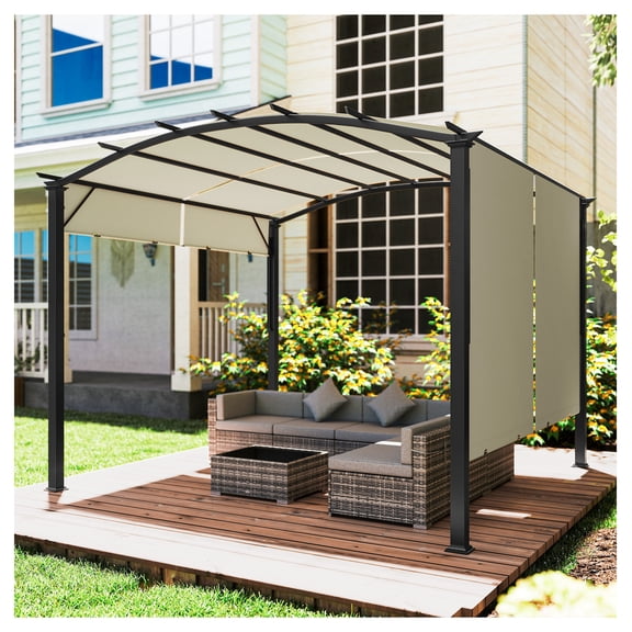 11x11ft Outdoor Pergola Canopy - Retractable Patio Gazebo - Beige Steel Frame