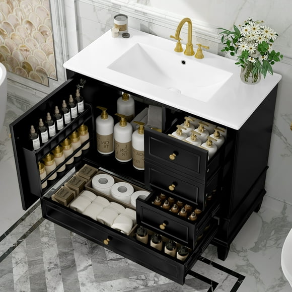 36" Bathroom Vanity with Ceramic Sink, Solid Wood Frame & Legs, 3 Drawers + Single-Door Cabinet, Soft-Close Hinges, Built-in Door Shelves, Black