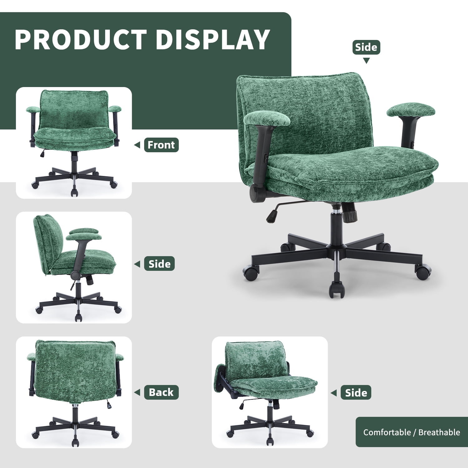 Criss Cross Chair with Wheels and Adjustable Flip-Arms, Cross Legged Office Chair with Thick Cushion, Wide Makeup Vanity Chair, Comfy Swivel Desk Chair for Home Office, Apartment, Bedroom, Green