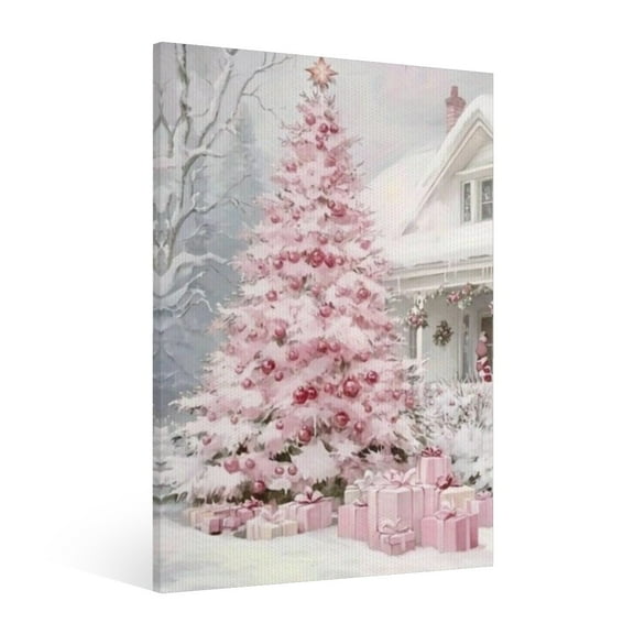 Vintage Christmas pink Christmas tree Wall Art Paint - Retro Xmas Festive Winter Holiday Christmas Wall Decor Canvas for Living Room Kitchen Bathroom Home Bedroom Decor Framed
