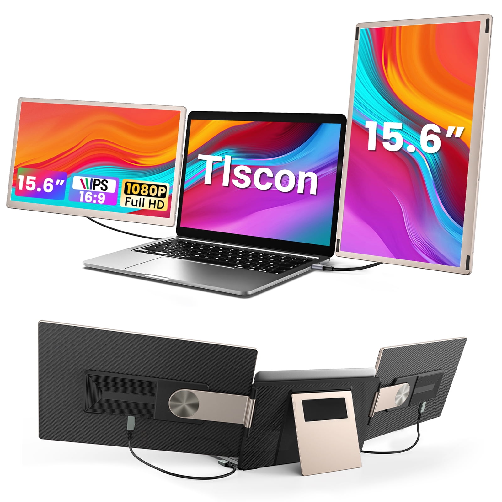 Tlscon 15.6" Laptop Screen Extender, FHD 1080P IPS Triple Portable Laptop Monitor Extender with Hub USB HDMI Plug-Play for Mac, Windows, Chrome, Android, Fits All Laptops