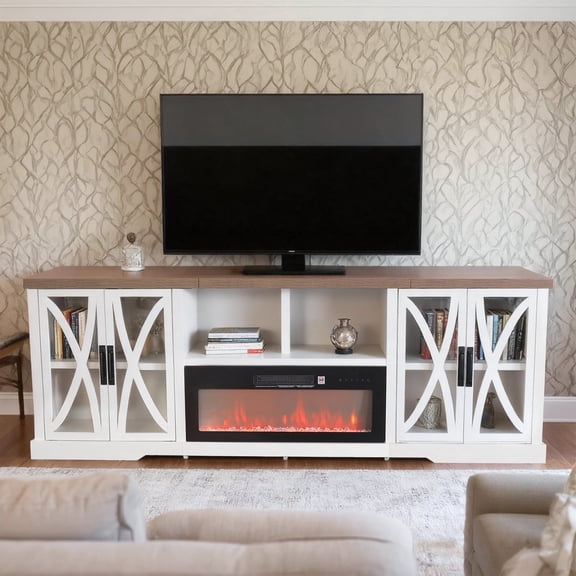 93" Modern Farmhouse Electric Fireplace TV Stand for TVs up to 100", Media Console with 36" Multi-Color Fireplace Insert
