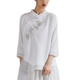 thumbnail image 4 of thefmos Women's Mandarin Collar Embroidered Blouse 3/4 Sleeve Solid Color Casual Top Trendy Spring Fall Outfit, White M, 4 of 6