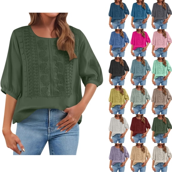 Summer Womens Tops 2025 Cotton and Linen Plus Size Spring Printed Embroidery Casual Loose T-Shirt Short Sleeve V-Neck Tops Linen Blouse