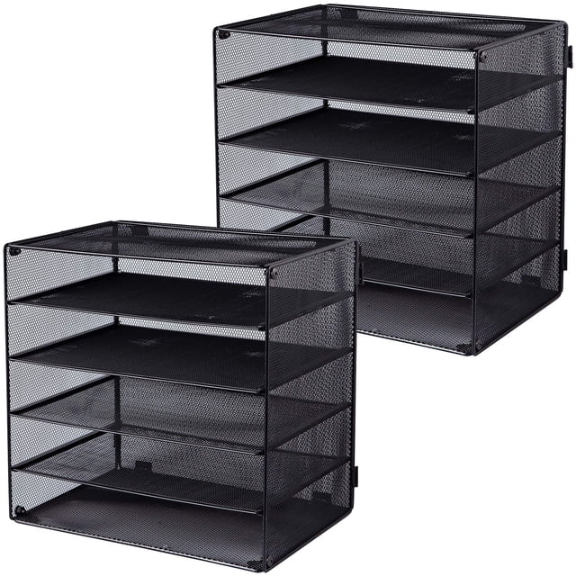 EASEPRES 5 Slot Mesh Desk Organizer Tray, File Paper Letter Folder Holder Desktop Paper Sorter Mail Organization Rack Storage Accessories, for Office Home School Classroom, Black, 2 Pack