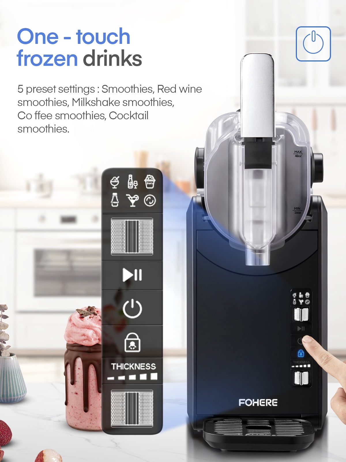 FOHERE 72oz 5-in-1 Slushie Machine, No Ice Needed, 15 Mins Slushy Machine for Home with Self-Clean, 5 Presets, Frozen Margaritas, Frapps, Milkshakes
