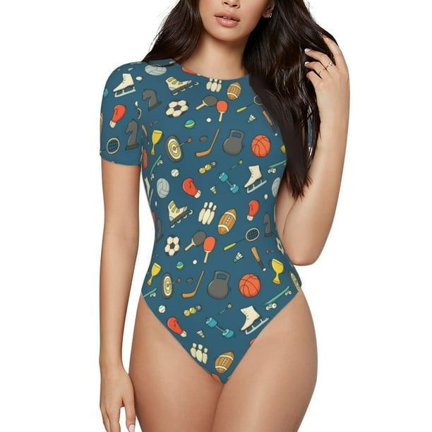 Balery Sports Ball Body de cuello redondo de manga corta para mujer Tops de manga corta Tops básicos-X-Large
