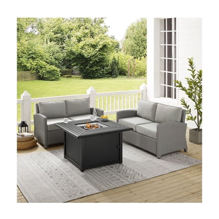 Visions Patio Seating Set - 3 Piece Outdoor Conversation Set with Fire Table - Gray Resin Wicker & Cushions