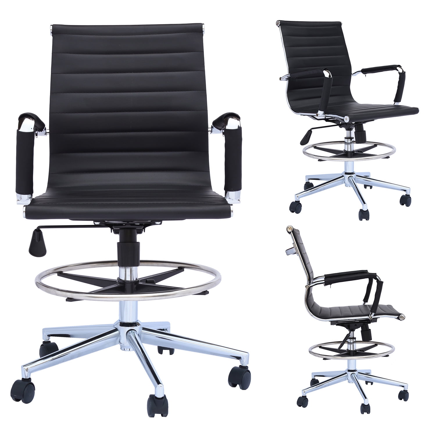 2xhome Office Chair Ribbed Mid Back With Wheels And Arms For Home Conference Room Tilt Adjustable Height Chrome Swivel Foot