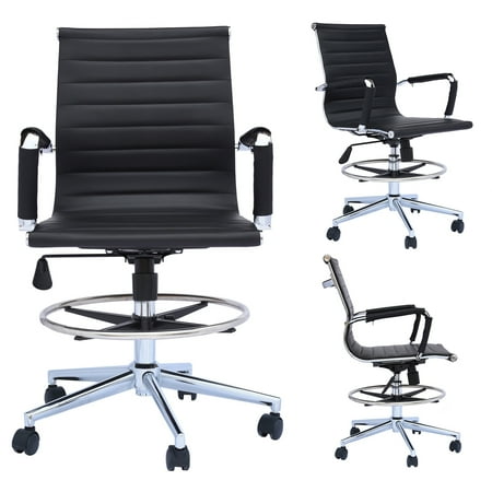 2xhome Office Chair Ribbed Mid Back With Wheels And Arms For Home Office Conference Room Tilt Ribbed Adjustable Height Chrome Swivel With Chrome Foot