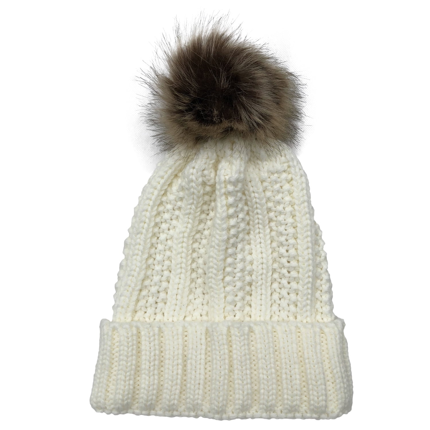 Thick Cable Knit Faux Fuzzy Fur Pom 