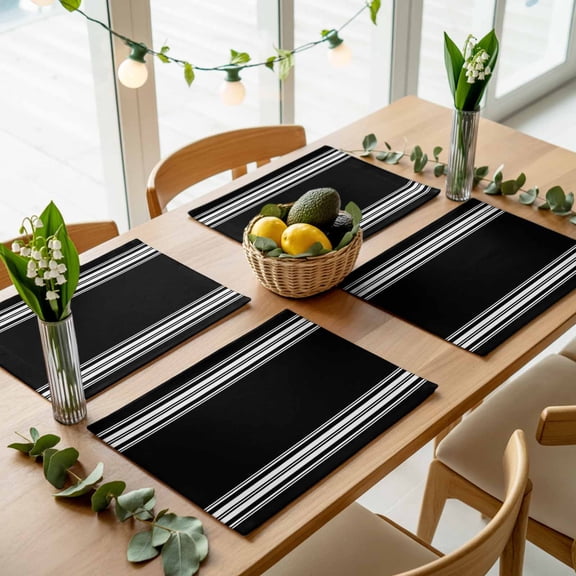 Black White Stripes Placemats Set of 4,Wipeable Washable Table Mats for Dining Tables, Abstract Geometric Place Mats for Kitchen Event Party Tabletop Decor