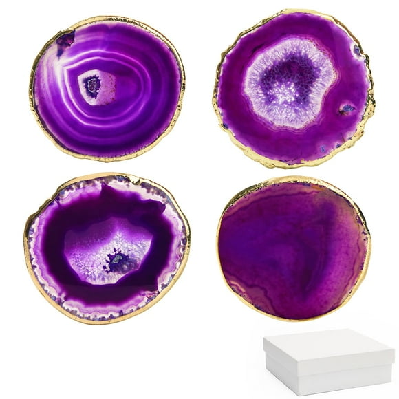 Purple Agate Coasters Set of 4 with Gift Box, Luxiv 3-4" Agate Coasters for Drinks Natural Crystal Coasters with Gold Edge Brazilian Geode Stone Coaster for Coffee, Drinks, Tea (Purple, 3-4 inches)
