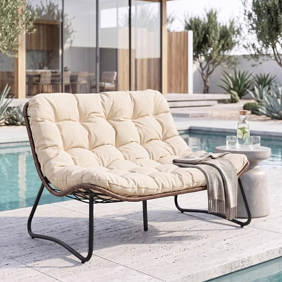 OMNIBERG Outdoor Patio Loveseat, 2 Seater Outdoor Couch with Soft Cushion, Oversized Wicker Rattan Loveseat Balcony Patio Furniture for Porch Backyard Poolside, Beige